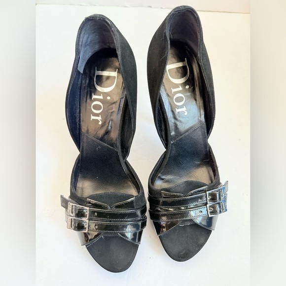 Christian Dior Black Suede Patent Leather logo buckle D’orsay heels Vintage EU38 - Picture 2 of 12